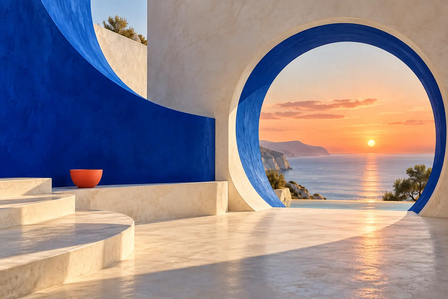 A cobalt blue architectural opening framing a sunlit ocean horizon